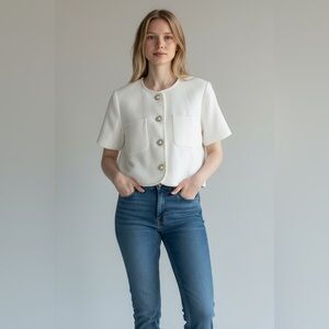 Lulu's White Short-Sleeve Cropped Blazer with Pearl Buttons